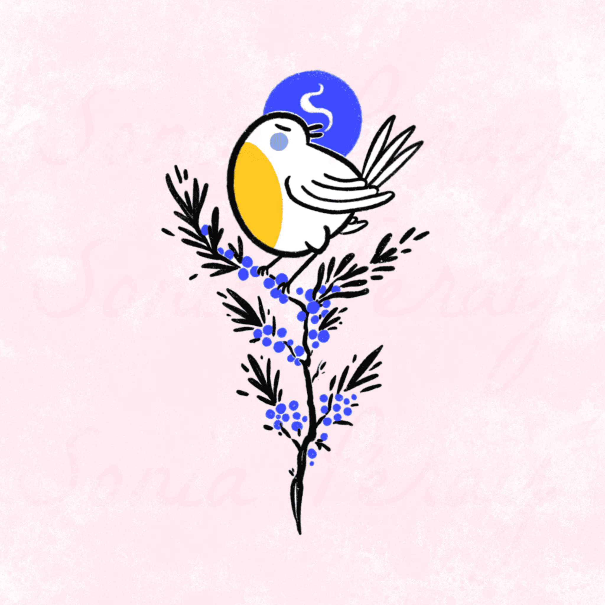 flash tattoo couleur oiseau qui chante sur une plante épineuse